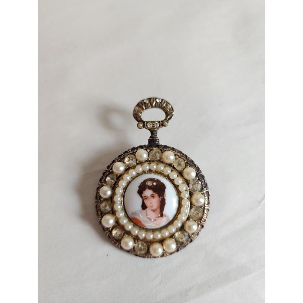 Vintage Limoges France Porcelain Portrait Brooch Pendant Faux Pearl Rhinestone